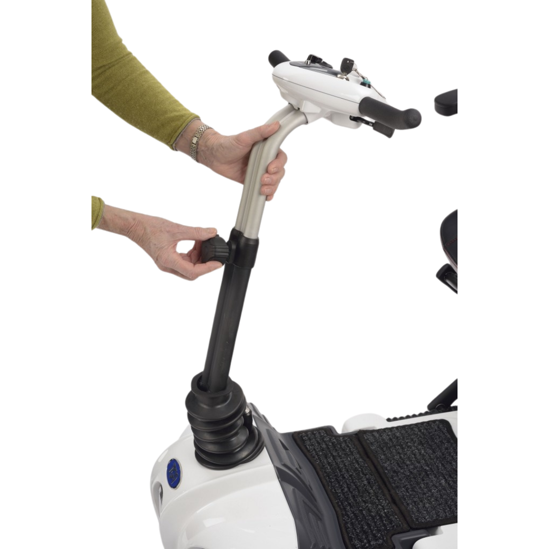 Showing the user adjusting the tiller height, allowing for a higher or lower handle height for the user