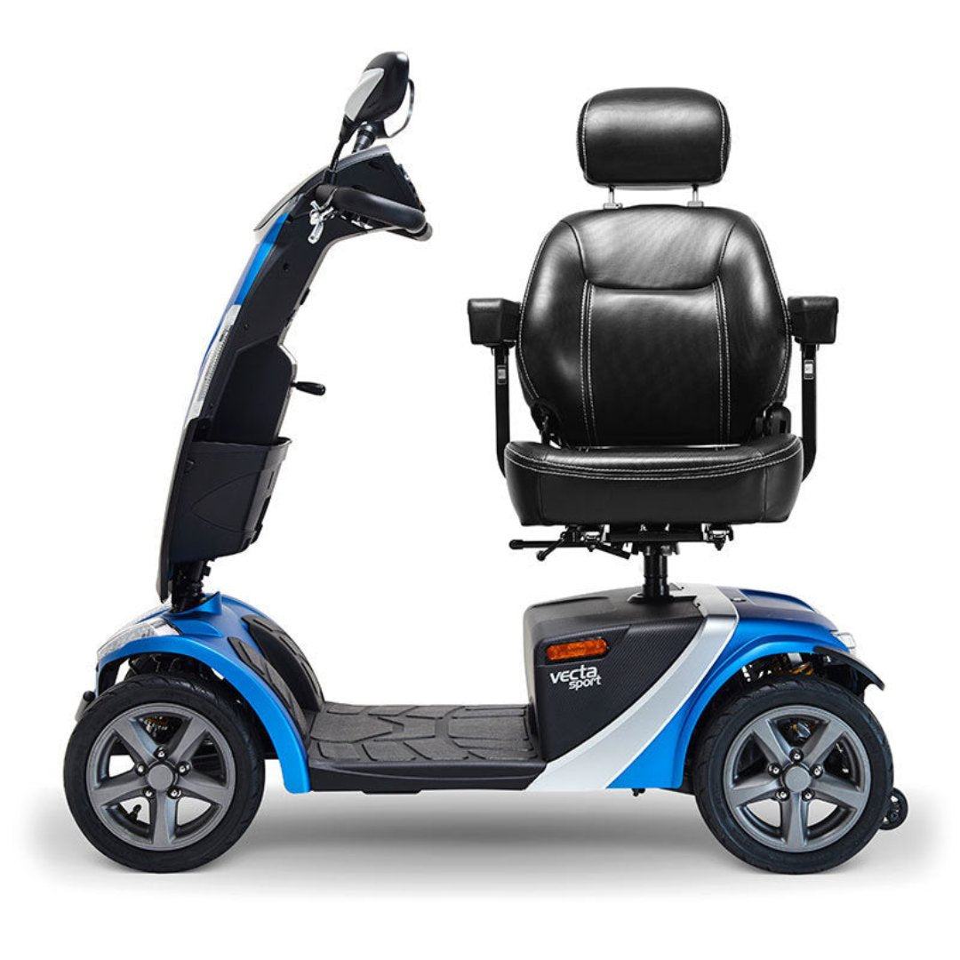 Showing the Rascal Vecta Sport Mobility Scooter from the side, with it's seat swivelled outwards to allow the user to easily get on and off the scooter. 