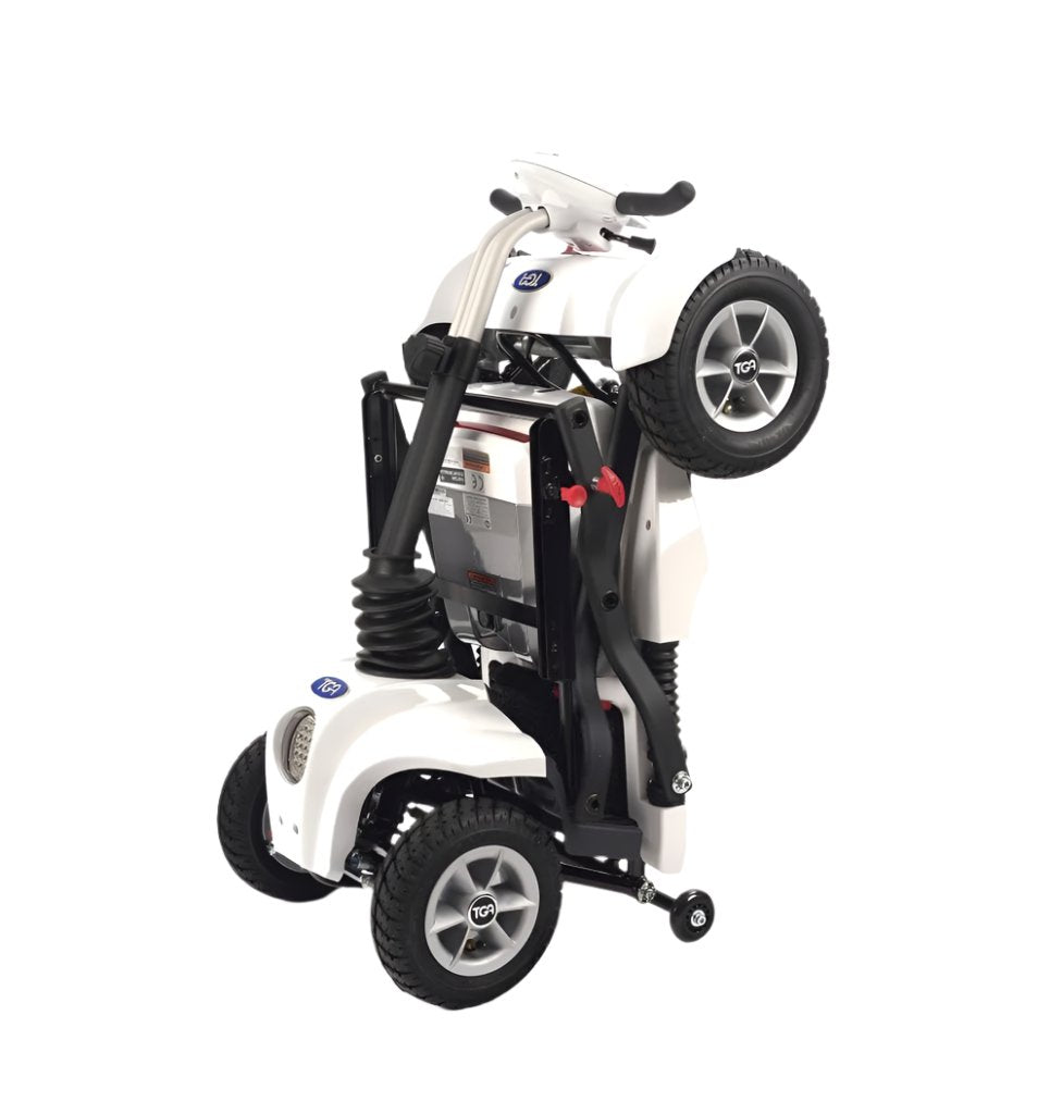 Showing the TGA Maximo Folding Mobility Scooter folded stood upright.
