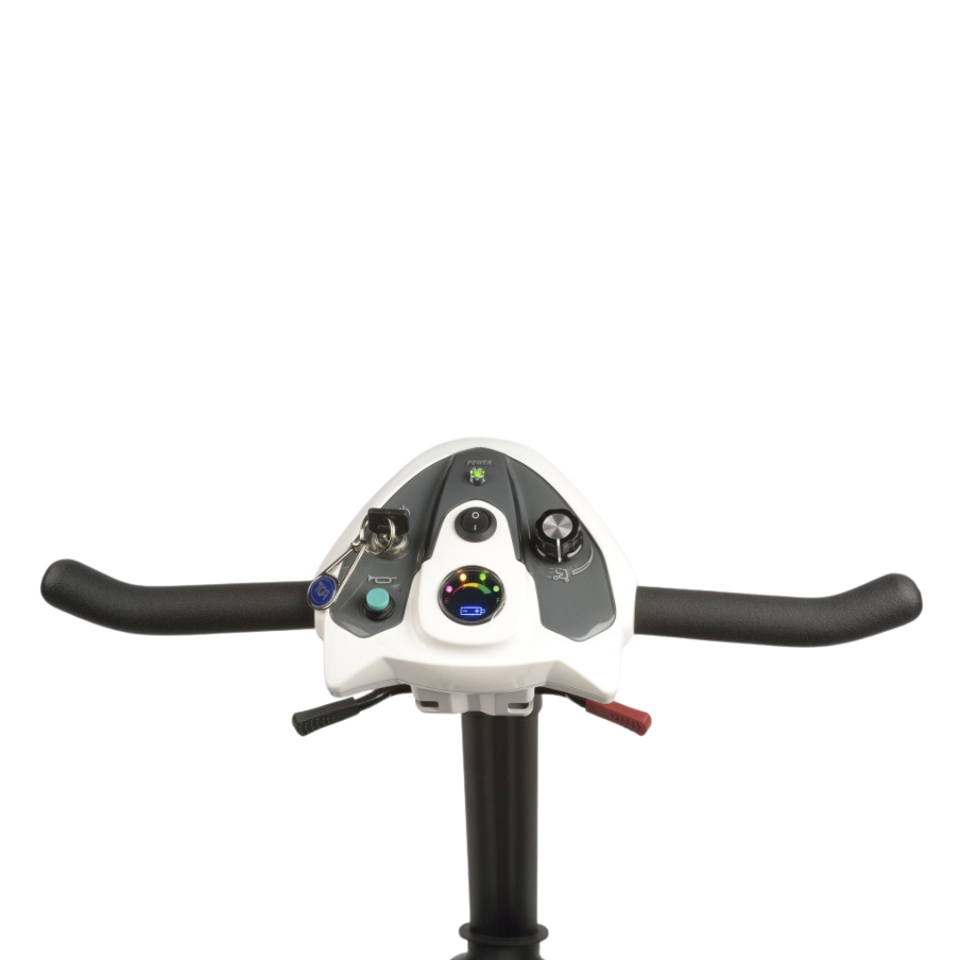 Showing the TGA Maximo Mobility Scooters control panel. Showing the battery gauge, speed knob, ignition key, horn and handlebars.