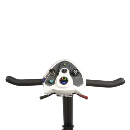 Showing the TGA Maximo Mobility Scooters control panel. Showing the battery gauge, speed knob, ignition key, horn and handlebars.